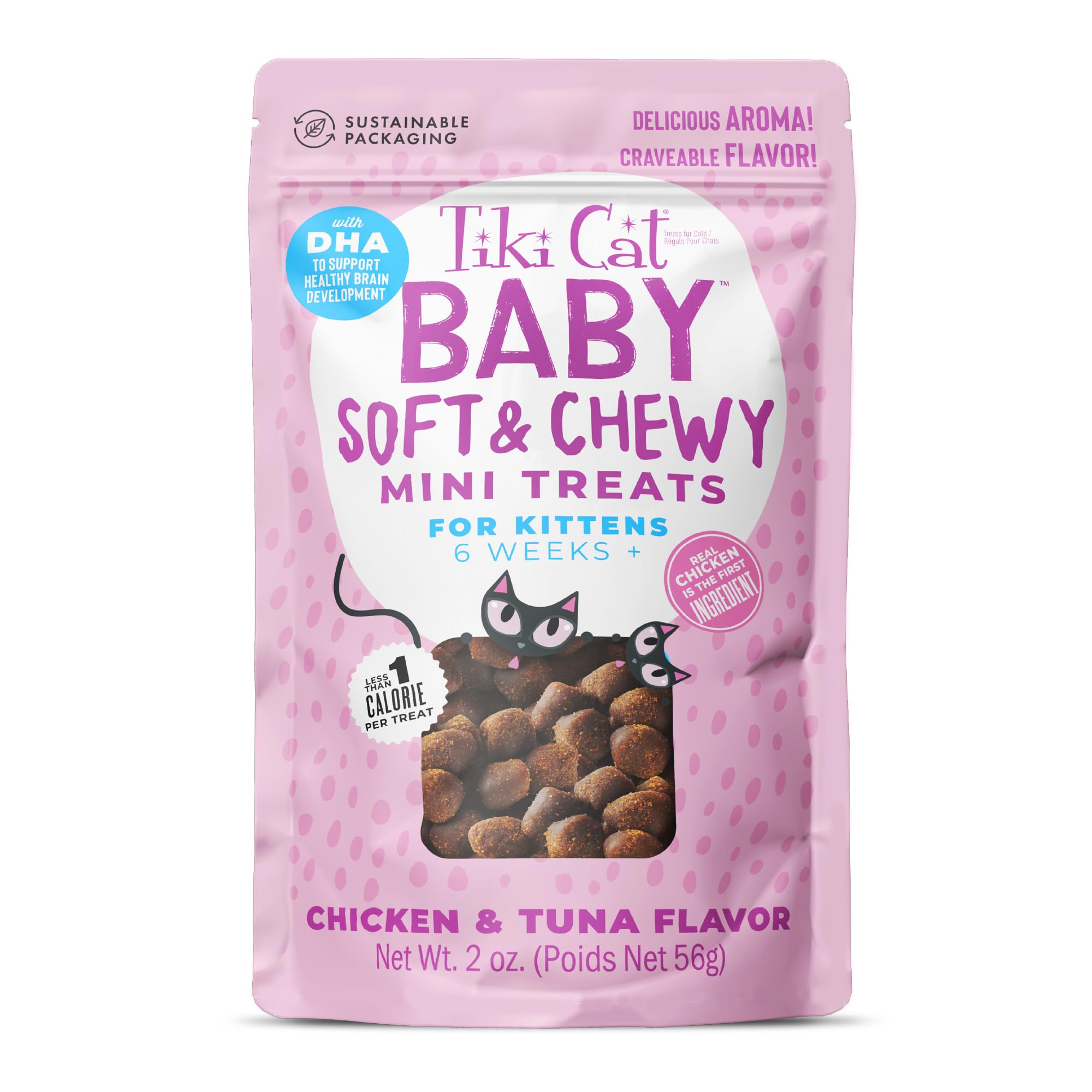 Tiki Cat Baby Soft & Chewy Chicken Flavored Mini Treats for Kitten 6 Weeks+ Low-Calorie Low-Calorie Mini Treats for Kit